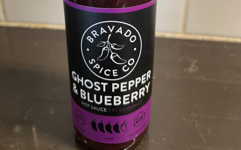 Bravado Ghost Pepper and Blueberry Hot Sauce label